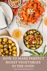 plate of roasted carrots, bowl of roasted potatoes and bowl of roasted brussels sprouts