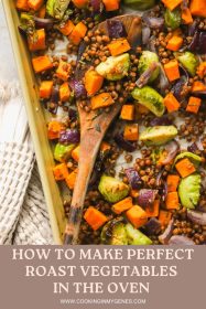 sheet pan of roasted vegetables with lentils