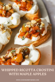 close up of crostini with maple apples and whipped ricotta on a serving platter