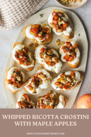 crostini with maple apples and whipped ricotta on a serving platter