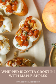 crostini with maple apples and whipped ricotta on a serving platter