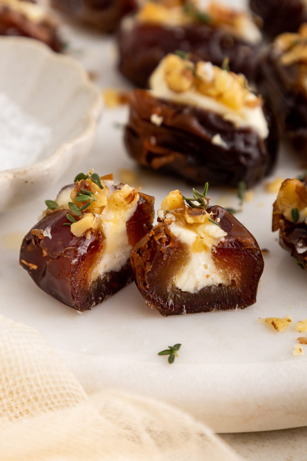 inside of a date stuffed with cream cheese