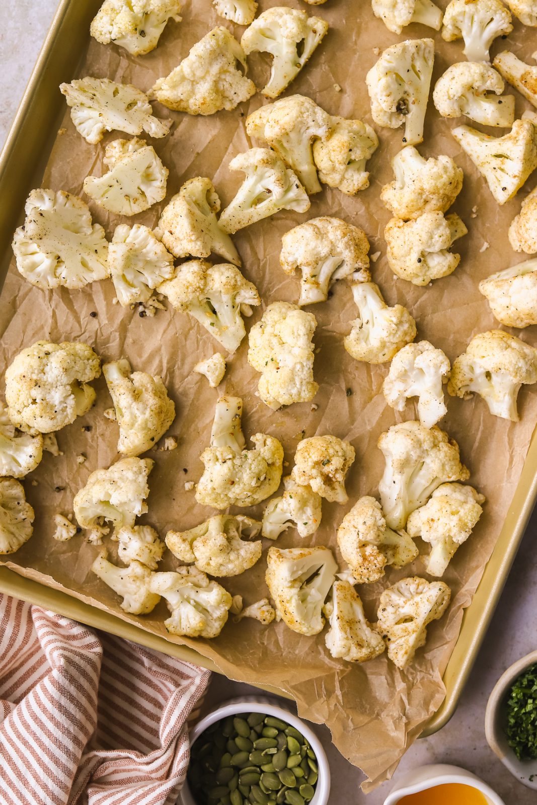 cauliflower florets on a sheet pan