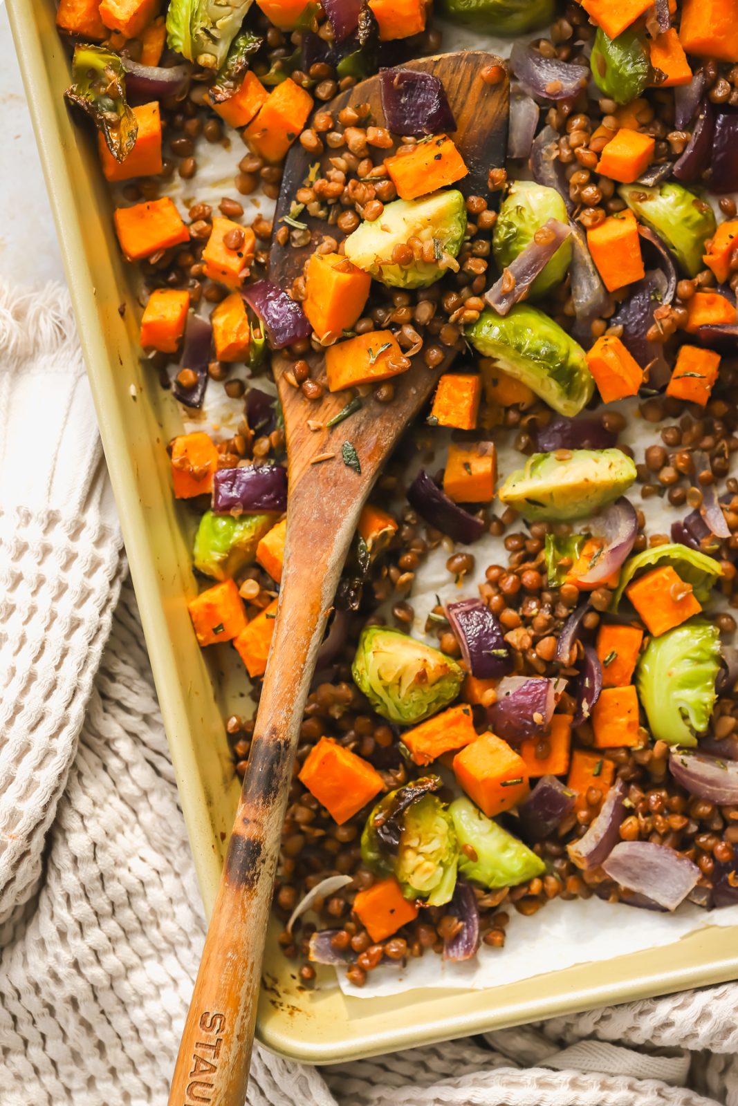 sheet pan of roasted vegetables with lentils