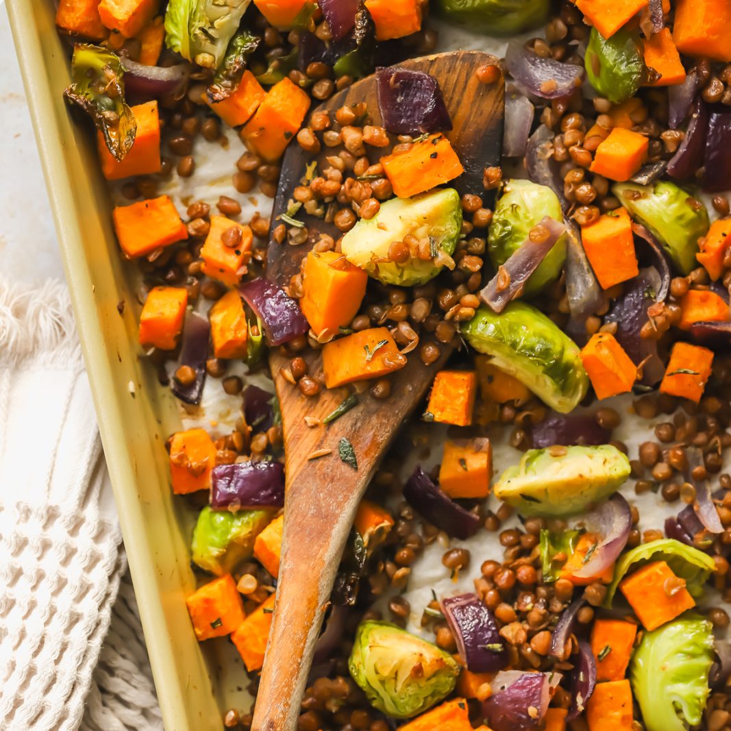sheet pan of roasted vegetables with lentils
