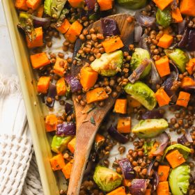 sheet pan of roasted vegetables with lentils